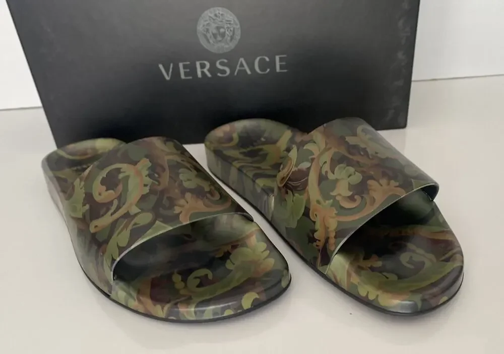 NIB $395 Versace Baroccoflage Slides Sandals Khaki 9 US (42 Euro) IT DSU6516